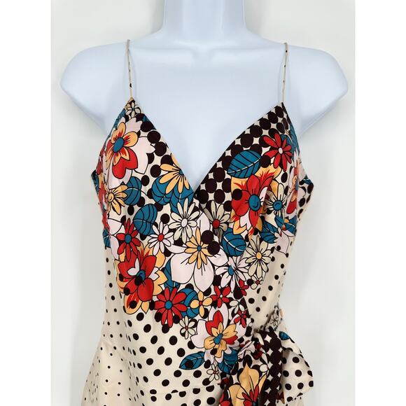 Vintage 90’s Y2k 100% Silk Satin Wrap Dress Floral Polka Dot Belted Midi - Picture 2 of 10